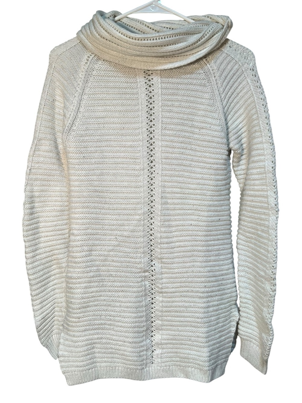 Charming Charlie Women's Size Small Cowl Neck Sweater Cream Ribbed Cut Outs Long